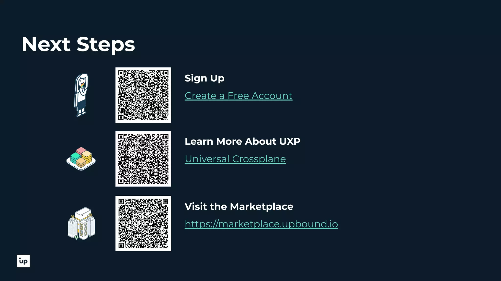 Next Steps Sign Up Create a Free Account Learn More About UXP Universal Crossplane Visit the Marketplace https://marketplace.upbound.io 