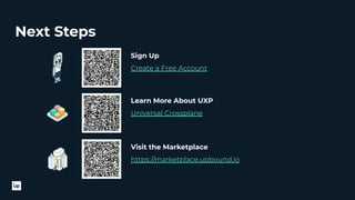 Next Steps
Sign Up
Create a Free Account
Learn More About UXP
Universal Crossplane
Visit the Marketplace
https://marketplace.upbound.io
 