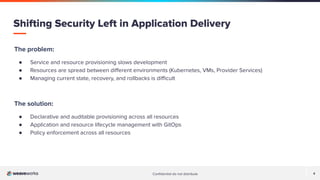 Conﬁdential do not distribute 4
The problem:
● Service and resource provisioning slows development
● Resources are spread between diﬀerent environments (Kubernetes, VMs, Provider Services)
● Managing current state, recovery, and rollbacks is diﬃcult
The solution:
● Declarative and auditable provisioning across all resources
● Application and resource lifecycle management with GitOps
● Policy enforcement across all resources
Shifting Security Left in Application Delivery
 