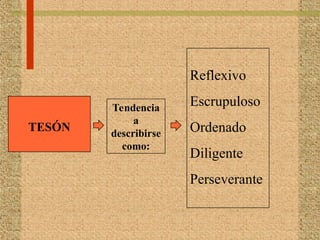 TESÓN
Tendencia
a
describirse
como:
Reflexivo
Escrupuloso
Ordenado
Diligente
Perseverante
 
