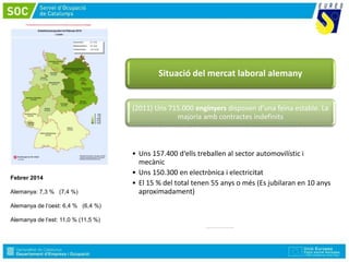 Febrer 2014
Alemanya: 7,3 % (7,4 %)
Alemanya de l‘oest: 6,4 % (6,4 %)
Alemanya de l‘est: 11,0 % (11,5 %)
Situació del mercat laboral alemany
(2011) Uns 715.000 enginyers disposen d‘una feina estable. La
majoria amb contractes indefinits
• Uns 157.400 d‘ells treballen al sector automovilístic i
mecànic
• Uns 150.300 en electrònica i electricitat
• El 15 % del total tenen 55 anys o més (Es jubilaran en 10 anys
aproximadament)
 