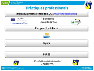 Pràctiques professionals
Intercanvis internacionals del SOC (www.oficinadetreball.cat)
• Eurodissea
• Leonardo da Vinci
European Youth Portal
Iagora
EURES
• Es usted licenciado Universitario
• EURAXESS
 