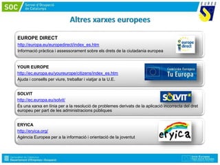 EUROPE DIRECT
http://europa.eu/europedirect/index_es.htm
Informació pràctica i assessorament sobre els drets de la ciutadania europea
YOUR EUROPE
http://ec.europa.eu/youreurope/citizens/index_es.htm
Ajuda i consells per viure, treballar i viatjar a la U.E.
SOLVIT
http://ec.europa.eu/solvit/
És una xarxa en línia per a la resolució de problemes derivats de la aplicació incorrecta del dret
europeu per part de les administracions públiques
ERYICA
http://eryica.org/
Agència Europea per a la informació i orientació de la joventut
 