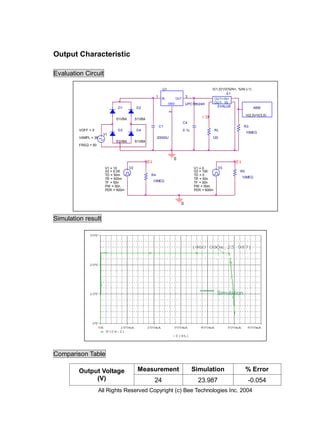 Output Characteristic

Evaluation Circuit

                                                            U1                               V(1,0)*(V(%IN+, %IN-)-1)
                                                                                                      E1
                                                       1                      3
                                                            IN         OUT                       OUT+ IN+
                                                                 GND          UPC78N24H          OUT- IN-
                              D1          D2                                                      EVALUE                 ABM




                                                                 2
                                                                                                                   V(2,0)+V(3,0)
                                                                                        1
                             S1VBA        S1VBA
                                                                             C4
                                                           C1                                                    R3
         VOFF = 0             D3          D4                                 0.1u                RL
                                                                                                                   10MEG
                       V1
         VAMPL = 38                                    20000U                                120
                             S1VBA        S1VBA
         FREQ = 50


                                                                     0
                                                  2                                                          3
                        V1 = 10      V2                                             V1 = 0         V3
                        V2 = 0.05                                                   V2 = 100                  R5
                        TD = 50m                  R4                                TD = 0
                        TR = 500m                                                   TR = 50n                     10MEG
                        TF = 50n                      10MEG                         TF = 50n
                        PW = 50n                                                    PW = 50m
                        PER = 600m                                                  PER = 600m


                                                                         0


Simulation result




                                                                                                  Simulation




Comparison Table

         Output Voltage                    Measurement                              Simulation                     % Error
              (V)                                     24                              23.987                        -0.054
                      All Rights Reserved Copyright (c) Bee Technologies Inc. 2004
 
