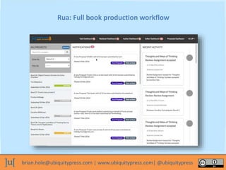 brian.hole@ubiquitypress.com | www.ubiquitypress.com| @ubiquitypress
Rua: Full book production workflow
 