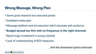 Wrong Message, Wrong Plan 
Some good research but executed poorly 
Outdated media plan 
Message platform and ad execution didn't resonate with audience 
Budget spread too thin with no frequency in the right channels 
Spent huge investment in wrong markets 
Lack of understanding of ROI measures 
29 
…And the downward spiral continued 
 