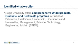 Regis University offers comprehensive Undergraduate, 
Graduate, and Certificate programs in Business, 
Education, Healthcare, Leadership, Liberal Arts and 
Humanities, Management, Science, Technology, 
Engineering & Math (STEM). 
39 
Identified what we offer 
 