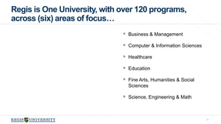 Regis is One University, with over 120 programs, 
across (six) areas of focus… 
41 
 Business & Management 
 Computer & Information Sciences 
 Healthcare 
 Education 
 Fine Arts, Humanities & Social 
Sciences 
 Science, Engineering & Math 
 