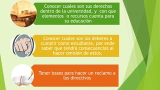 Conocer cuales son sus derechos 
dentro de la universidad, y con que 
elementos o recursos cuenta para 
su educación 
Conocer cuales son los deberes a 
cumplir como estudiante, por ende 
saber que tendrá consecuencias al 
hacer omisión de estos. 
Tener bases para hacer un reclamo a 
los directivos 
 
