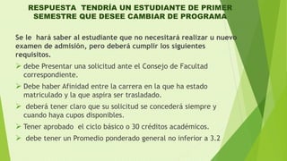RESPUESTA TENDRÍA UN ESTUDIANTE DE PRIMER 
SEMESTRE QUE DESEE CAMBIAR DE PROGRAMA 
Se le hará saber al estudiante que no necesitará realizar u nuevo 
examen de admisión, pero deberá cumplir los siguientes 
requisitos. 
 debe Presentar una solicitud ante el Consejo de Facultad 
correspondiente. 
 Debe haber Afinidad entre la carrera en la que ha estado 
matriculado y la que aspira ser trasladado. 
 deberá tener claro que su solicitud se concederá siempre y 
cuando haya cupos disponibles. 
 Tener aprobado el ciclo básico o 30 créditos académicos. 
 debe tener un Promedio ponderado general no inferior a 3.2 
 