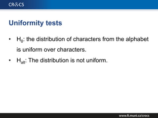 Uniformity tests
Do not strip the entropy
A B C D E F G H I J K L M N O P Q R S T U V W X Y Z
1 pos
2 pos
3 pos
4 pos
5 pos
6 pos
7 pos
8 pos
total
 