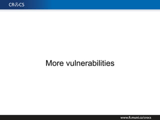 UBEE vulnerabilities
• Backup file is not encrypted
• Web asks for password for backup encryption
• Backup is not actually encrypted, password is stored in plaintext
• Backup restore buffer overflow
• Password longer than 65536 characters
• Arbitrary code execution
• Backup file = tar, can contain symbolic links
• After extraction can overwrite CGI scripts
 
