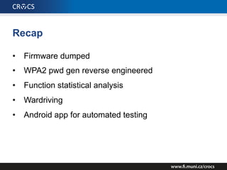 References / resources
• https://deadcode.me/blog/2016/07/01/UPC-UBEE-EVW3226-WPA2-
Reversing.html
• https://www.freeture.ch/?p=766
• http://jcjc-dev.com/2016/06/08/reversing-huawei-4-dumping-flash/
• https://haxx.in/upc-wifi/
• https://firefart.at/post/upc_ubee_fail/
• http://www.wifileaks.cz/
• http://www.search-lab.hu/advisories/122-ubee-evw3226-modem-router-
multiple-vulnerabilities
• http://www.search-lab.hu/advisories/secadv-20150720
• http://www.search-
lab.hu/media/Compal_CH7465LG_Evaluation_Report_1.1.pdf
• https://github.com/devttys0/binwalk
 