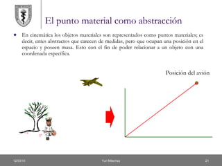 El punto material como abstracción En cinemática los objetos materiales son representados como puntos materiales; es decir, entes abstractos que carecen de medidas, pero que ocupan una posición en el espacio y poseen masa. Esto con el fin de poder relacionar a un objeto con una coordenada específica. Posición del avión 
