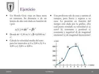 Ejercicio Un Honda Civic viaja en línea recta en carretera. Su distancia x de un letrero de alto está dada en función de t por:  Donde    =1,50 m/s 2  y   =0,0500 m/s 3 . Calcule la velocidad media del auto para los intervalos a) 0 a 2,00 s; b) 0 a 4,00 s; c) 2,00 s a 4,00 s. Una profesora sale de casa y camina al campus, pero llueve y regresa a su casa. La posición en función del tiempo está dada por la gráfica. ¿En cuál punto rotulado su velocidad es a) cero? b) constante y positiva? c) constante y negativa? d) de magnitud creciente? e) de magnitud decreciente? 