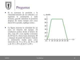 Preguntas  Si se conocen la posición y la velocidad iniciales de un vehículo y se registran la aceleración a cada instante, ¿puede calcularse la posición después de cierto tiempo con estos datos? Si se puede, explique cómo.  La figura muestra la velocidad de un auto en función del tiempo. El conductor acelera desde el letrero de alto, viaja 20 s con rapidez constante de 60 km/h y frena hasta detenerse 40 s después de partir del letrero. Calcule la aceleración media para estos intervalos: de  0 s a 10 s;  de 30 s a 40 s; de 10 s a 30 s; d) de 0 s a 40 s. 