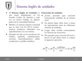 Conversión de unidades ¿Cómo proceder para convertir exitosamente unidades de un sistema otro? En primer lugar, debe tener a mano las equivalencias entre los diferentes sistemas de unidades. Luego, debe escribir correctamente los factores de conversión. Por ejemplo, para convertir 20 mi/h a km/h, lo que debes hacer es realizar la siguiente operación: Sistema Inglés de unidades El  Sistema Inglés de Unidades  es aún usado ampliamente en los Estados Unidos de América y, cada vez en menor medida, en algunos países de la comunidad británica. Debido a la intensa relación comercial que se tiene con los EUA, existen  muchos productos fabricados con especificaciones en este sistema.  Ejemplos de ello son los productos de madera, peletería, metalmecánica, motores, electrodomésticos cables conductores y perfiles metálicos.  