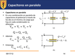 Capacitores en paralelo

• Capacitores en paralelo                Q1 = C1V      Q2 = C2V
• En una combinación en paralelo ...