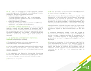 Art. 27 Los que resultaran aptos para la admisión por esta modalidad
deberán entregar en la OAMRA en la fecha indicada, a fin de ser
considerados admitidos, los siguientes documentos:
1. Estudios concluidos en el Perú:
- Certificado de estudios original del 1° al 5° año de secundaria
- Certificado de estudios de haber concluido la Educación Básica
Alternativa, ciclo avanzado.
2. Estudios concluidos en el extranjero:
- Resolución de equivalencia de estudios, emitidos por el Ministerio
de Educación en el Perú a nombre del postulante.
Art. 27A FACTOR QUINTO DE SECUNDARIA: (todas las carreras excepto
Medicina): Postulan por ésta modalidad los estudiantes que se
encuentren cursando el quinto año de educación secundaria peruana.
Los que resultaran aptos para la admisión por esta modalidad deberán
entregar en la OAMRA en la fecha indicada, a fin de ser considerados
admitidos, el Certificado de estudios original del 1° al 5° año de
secundaria.
Art. 28 EXONERADOS AL PROCEDIMIENTO ORDINARIO DE
ADMISIÓN: Postulan por esta modalidad:
a) Graduados o Titulados en otros centros educativos de nivel
superior del país o de universidades extranjeras.
b) Los dos primeros puestos de su promoción en centros educativos de
nivel secundario peruano (nacional y particular). Deberán haber
concluido sus estudios secundarios, a lo más dos años anteriores al
concurso de admisión.
c) Los diplomados del Bachillerato Internacional (International
Baccalaureate), ABITUR, Bachillerato Francés y Bachillerato Italiano;
que hayan estudiado y egresado de colegios del país o del extranjero.
d) Personas con discapacidad.
Art. 29 Los interesados a la admisión por esta modalidad presentarán
los siguientes documentos, según sea el caso:
a) Graduados y titulados: Original y copia del diploma de grado o título
fedateado por el Secretario General o certificado por la autoridad
competente de la institución de procedencia y Curriculum Vitae
documentado. Certificado original de estudios de nivel superior
refrendado por el Secretario General o la autoridad competente de la
institución de procedencia (presentarlos al momento de la inscripción).
b) Primeros puestos: Certificado de estudios original del 1.° al 5.° año de
secundaria y constancia original de haber ocupado el 1.° o 2.° puesto en
su promoción, expedido por la dirección del colegio y con sello de la
UGEL.
c) Bachillerato internacional: Original y copia del diploma del
Bachillerato original. Certificado de estudios original del 1.° al 5.° año de
secundaria. Original y copia del Certificado del bachillerato con los
puntajes y calificativos respectivos en que conste haber cursado y
aprobado dos de las siguientes asignaturas; Biología, Química, Física,
Matemática.
d) Personas con discapacidad: Certificado de estudios original del 1° al
5° año de secundaria, DNI en original y copia; Resolución Ejecutiva del
Consejo Nacional de la Persona con Discapacidad (CONADIS), en
original, que acredite su condición de discapacidad, carta de
compromiso donde el postulante acepta someterse a las condiciones
establecidas por la UPCH para rendir evaluaciones, según su
discapacidad.
GUÍA DEL
POSTULANTE
2020
59
 