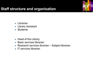 Staff structure and organisation  Libraries staff: Librarian Library Assistant Students  Librarian profiles: Head of the Library Basic services librarian Research services librarian – Subject librarian IT services librarian 