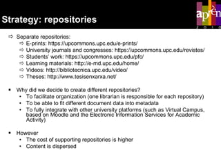 Strategy: repositories  Separate repositories: E-prints: https://upcommons.upc.edu/e-prints/ University journals and congresses: https://upcommons.upc.edu/revistes/ Students’ work: https://upcommons.upc.edu/pfc/ Learning materials: http://e-md.upc.edu/home/ Videos: http://bibliotecnica.upc.edu/video/ Theses: http://www.tesisenxarxa.net/ Why did we decide to create different repositories? To facilitate organization (one librarian is responsible for each repository)  To be able to fit different document data into metadata  To fully integrate with other university platforms (such as Virtual Campus, based on Moodle and the Electronic Information Services for Academic Activity) However The cost of supporting repositories is higher Content is dispersed 