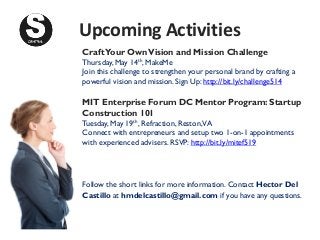 Upcoming Activities
CraftYour OwnVision and Mission Challenge
Thursday, May 14th, MakeMe
Join this challenge to strengthen your personal brand by crafting a
powerful vision and mission. Sign Up: http://bit.ly/challenge514
MIT Enterprise Forum DC Mentor Program: Startup
Construction 101
Tuesday, May 19th, Refraction, Reston,VA
Connect with entrepreneurs and setup two 1-on-1 appointments
with experienced advisers. RSVP: http://bit.ly/mitef519
Follow the short links for more information. Contact Hector Del
Castillo at hmdelcastillo@gmail.com if you have any questions.
 