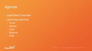 • OpenStack Overview
• Upcoming Services
• Trove
• Sahara
• Ironic
• Magnum
• Kolla
Agenda
 