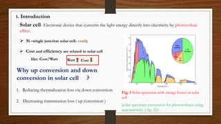 1. Introduction
Solar cell- Electronic device that converts the light energy directly into electricity by photovoltaic
effect.
 Cost and efficiency are related in solar cell
like: Cost/Watt
 Si –single junction solar cell- costly
Why up conversion and down
conversion in solar cell ?
1. Reducing thermalization loss via down conversion.
2. Decreasing transmission loss ( up conversion )
Fig. 1 Solar spectrum with energy losses in solar
cell
Watt Cost
[solar spectrum conversion for photovoltaics using
nanoparticles { fig .3}]
 