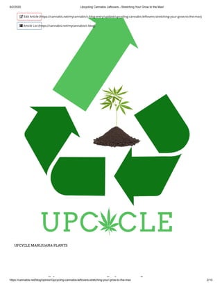 6/2/2020 Upcycling Cannabis Leftovers - Stretching Your Grow to the Max!
https://cannabis.net/blog/opinion/upcycling-cannabis-leftovers-stretching-your-grow-to-the-max 2/10
UPCYCLE MARIJUANA PLANTS
li bi f
 Edit Article (https://cannabis.net/mycannabis/c-blog-entry/update/upcycling-cannabis-leftovers-stretching-your-grow-to-the-max)
 Article List (https://cannabis.net/mycannabis/c-blog)
 