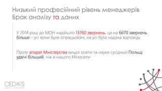 У 2014 році до МОН надійшло 13760 звернень, це на 6670 звернень
більше – усі вони були опрацьовані, на усі була надана відповідь
Проте апарат Міністерства вищої освіти та науки сусідньої Польщі
удвічі більший, ніж в нашого Міносвіти
Низький професійний рівень менеджерів
Брак аналізу та даних
 