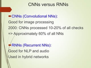CNNs versus RNNs
CNNs (Convolutional NNs):
Good for image processing
2000: CNNs processed 10-20% of all checks
=> Approximately 60% of all NNs
RNNs (Recurrent NNs):
Good for NLP and audio
Used in hybrid networks
 