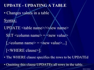 UPDATE - UPDATING A TABLE
• Changes values in a table
Syntax:
UPDATE <table name>/<view name>
 SET <column name> = <new value>
 [,<column name> = <new value>...]
 [<WHERE clause>];
• The WHERE clause specifies the rows to be UPDATEd

• Omitting this clause UPDATEs all rows in the table.
                                                    MGCL12SQL4
 
