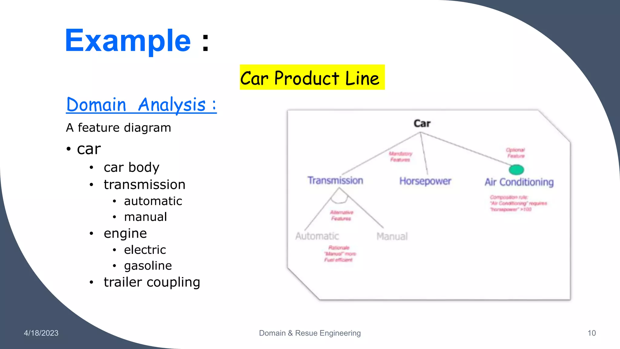 Example :
Car Product Line
Domain Analysis :
A feature diagram
• car
• car body
• transmission
• automatic
• manual
• engine
• electric
• gasoline
• trailer coupling
4/18/2023 Domain & Resue Engineering 10
 