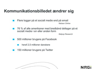 Kommunikationsbilledet ændrer sig
Flere logger på et socialt medie end på email
Nielsen Online
76 % af alle amerikaner med bredbånd deltager på et
socialt medie i en eller anden form
Netpop Research
500 millioner brugere på Facebook
heraf 2,5 millioner danskere
150 millioner brugere på Twitter
 