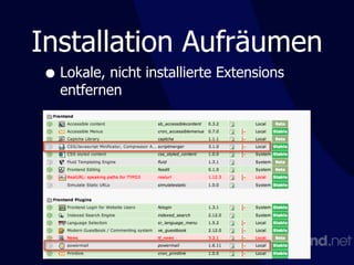 Installation Aufräumen
• Lokale, nicht installierte Extensions
entfernen
 