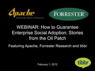 WEBINAR: How to Guarantee
 Enterprise Social Adoption: Stories
         from the Oil Patch
Featuring Apache, Forrester Research and tibbr



                 February 1, 2012
 