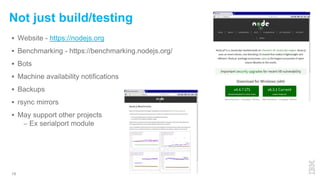  Website - https://nodejs.org
 Benchmarking - https://benchmarking.nodejs.org/
 Bots
 Machine availability notifications
 Backups
 rsync mirrors
 May support other projects
– Ex serialport module
18
Not just build/testing
 