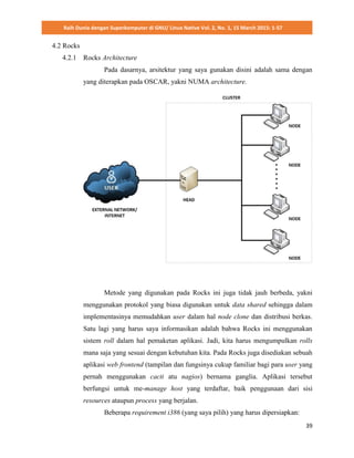 Raih Dunia dengan Superkomputer di GNU/ Linux Native Vol. 2, No. 1, 15 March 2015: 1-57
39
4.2 Rocks
4.2.1 Rocks Architecture
Pada dasarnya, arsitektur yang saya gunakan disini adalah sama dengan
yang diterapkan pada OSCAR, yakni NUMA architecture.
Metode yang digunakan pada Rocks ini juga tidak jauh berbeda, yakni
menggunakan protokol yang biasa digunakan untuk data shared sehingga dalam
implementasinya memudahkan user dalam hal node clone dan distribusi berkas.
Satu lagi yang harus saya informasikan adalah bahwa Rocks ini menggunakan
sistem roll dalam hal pemaketan aplikasi. Jadi, kita harus mengumpulkan rolls
mana saja yang sesuai dengan kebutuhan kita. Pada Rocks juga disediakan sebuah
aplikasi web frontend (tampilan dan fungsinya cukup familiar bagi para user yang
pernah menggunakan cacti atu nagios) bernama ganglia. Aplikasi tersebut
berfungsi untuk me-manage host yang terdaftar, baik penggunaan dari sisi
resources ataupun process yang berjalan.
Beberapa requirement i386 (yang saya pilih) yang harus dipersiapkan:
 