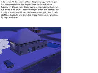 Iedereen zocht daarna zijn of haar slaapkamer op, want morgen
was het weer gewoon een dag vol werk. Justin en Barbara,
Suzanne en Kyle, ze vielen lekker warm tegen elkaar in slaap, met
hun kindje in de buurt. Tim en Julie lagen alleen, Tim denkend aan
Ivy, zijn droomvrouw, hij bad nog iedere avond voor haar. En Julie
dacht aan Bruce, hij was geweldig. Ze zou morgen eens vragen of
hij langs zou komen.
 