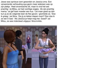 Jesse was opnieuw oom geworden en Jessica oma. Een
verwarrende verhouding qua gezin maar iedereen was op
zijn plekje. ‘Heel onverwachts dit, maar ik vind het wel
prachtig.’ zij Milou, ze had vochtige oogjes. ‘Ze zijn prachtig
mama.’ ze gaf haar moeder een kus. ‘Let maar goed op dan
kun jij ze de volgende keer de fles geven.’ giechelde ze. ‘Doe
ik graag.’ zei Nina. ‘Ga jij zo lekker slapen mam? Dan doe ik
ze wel in bad.’ ‘Als Jessica je helpt mag het. Goed?’ zei
Milou, ze was inderdaad uitgeput. Nina knikte.
 