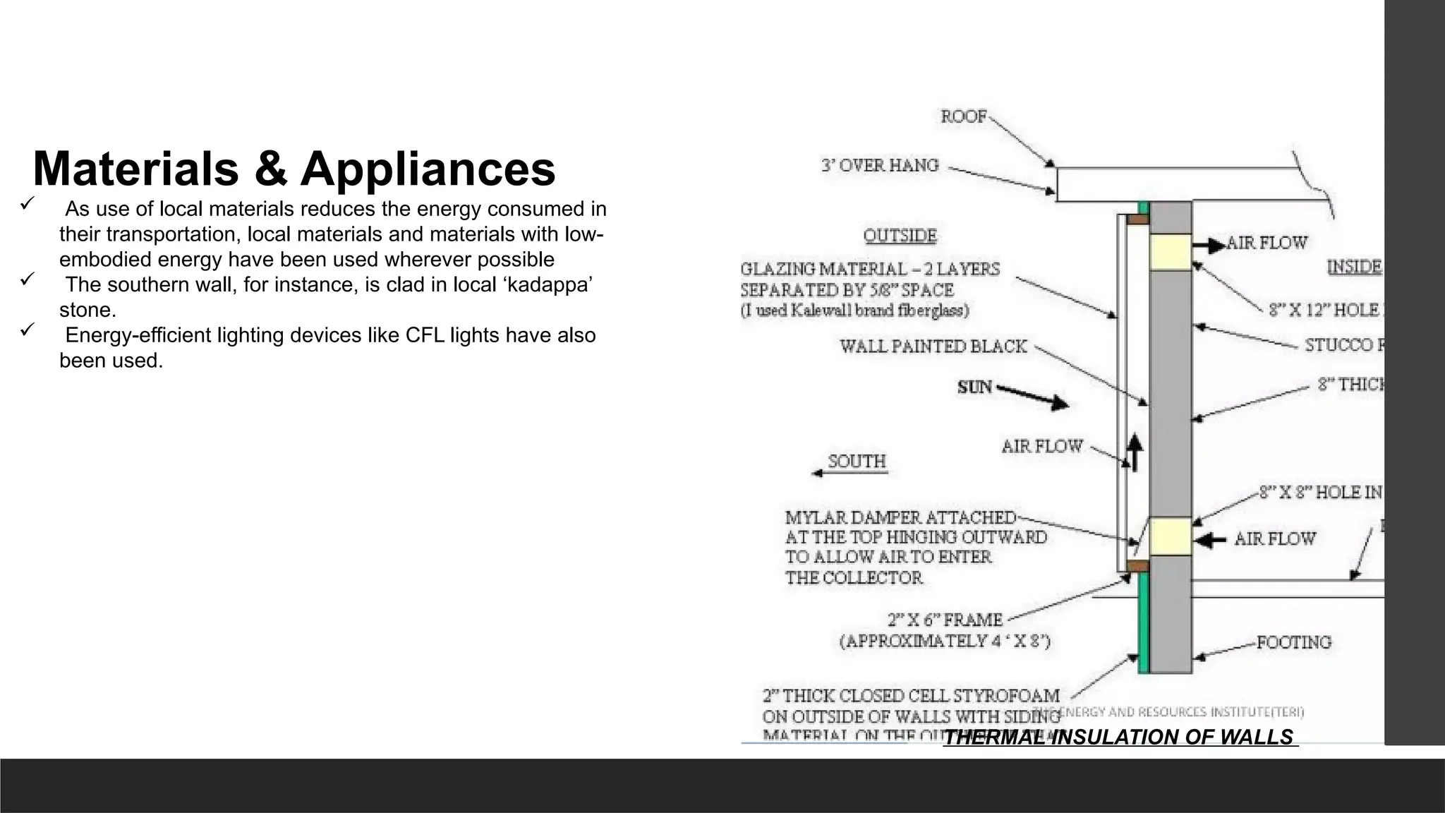 THERMAL INSULATION OF WALLS
Materials & Appliances
 As use of local materials reduces the energy consumed in
their transportation, local materials and materials with low-
embodied energy have been used wherever possible
 The southern wall, for instance, is clad in local ‘kadappa’
stone.
 Energy-efficient lighting devices like CFL lights have also
been used.
 