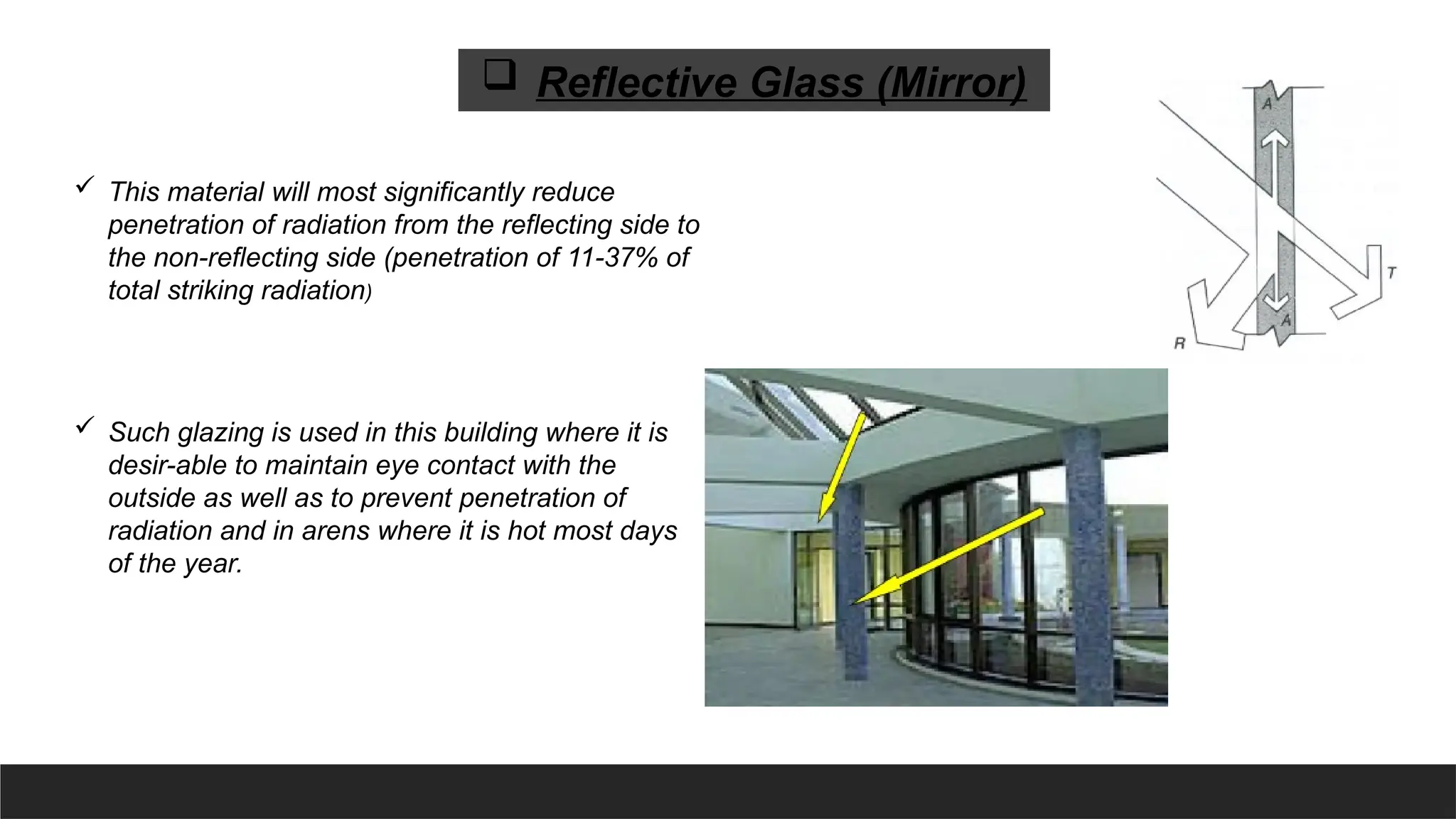  This material will most significantly reduce
penetration of radiation from the reflecting side to
the non-reflecting side (penetration of 11-37% of
total striking radiation)
 Such glazing is used in this building where it is
desir-able to maintain eye contact with the
outside as well as to prevent penetration of
radiation and in arens where it is hot most days
of the year.
 Reflective Glass (Mirror)
 