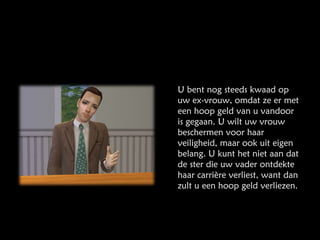 U bent nog steeds kwaad op uw ex-vrouw, omdat ze er met een hoop geld van u vandoor is gegaan. U wilt uw vrouw beschermen voor haar veiligheid, maar ook uit eigen belang. U kunt het niet aan dat de ster die uw vader ontdekte haar carrière verliest, want dan zult u een hoop geld verliezen. 