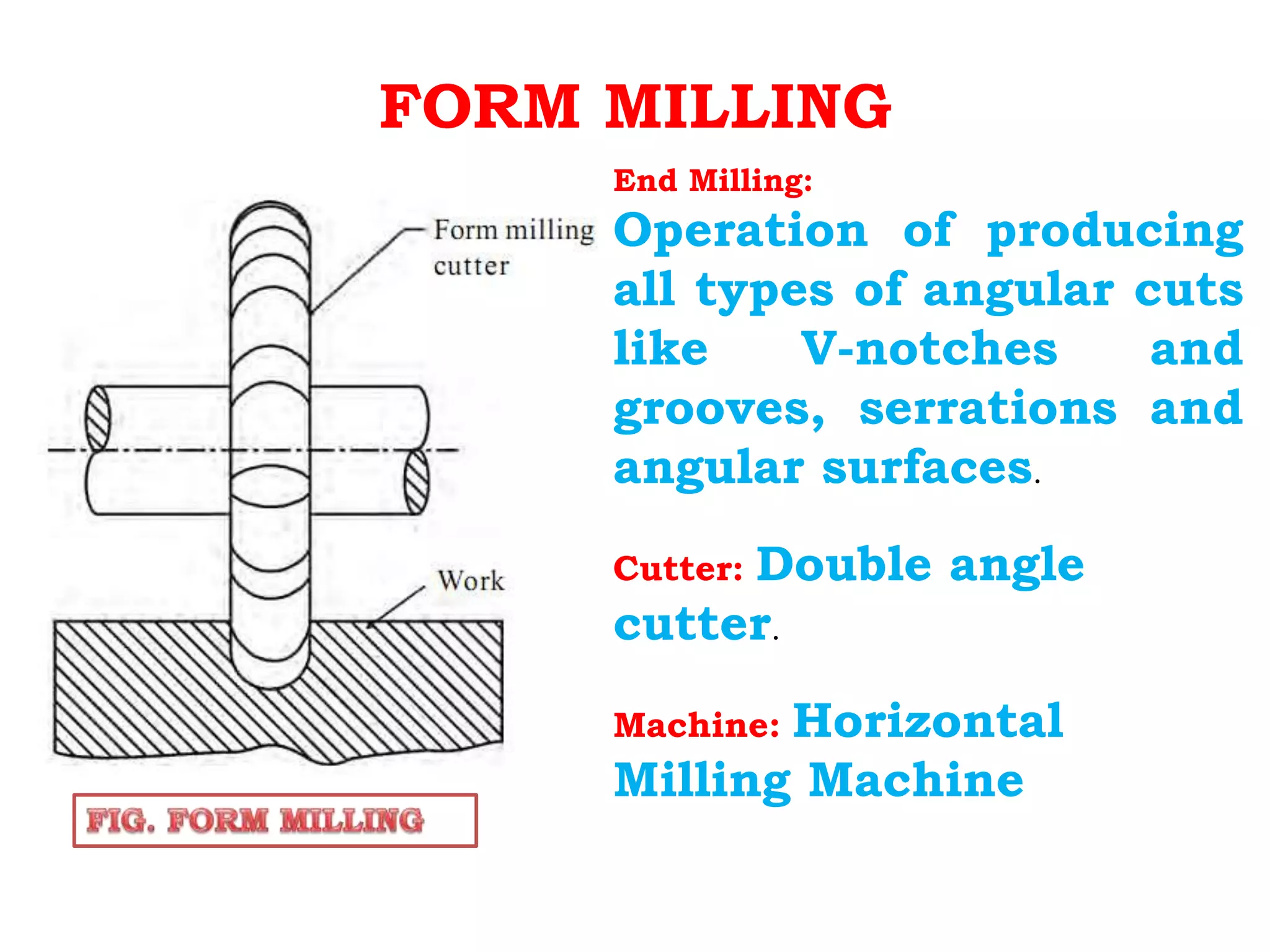 FORM MILLING
End Milling:
Operation of producing
all types of angular cuts
like V-notches and
grooves, serrations and
angular surfaces.
Cutter: Double angle
cutter.
Machine: Horizontal
Milling Machine
 