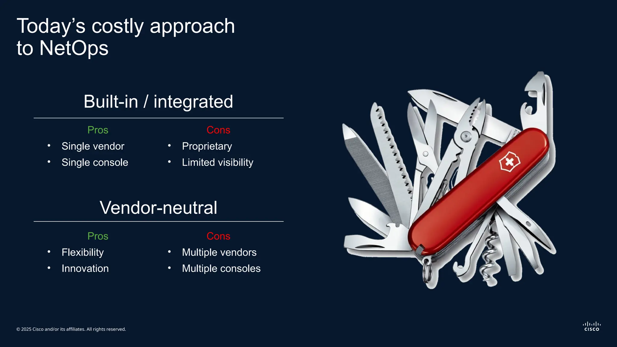 © 2025 Cisco and/or its affiliates. All rights reserved.
Today’s costly approach
to NetOps
Built-in / integrated
Pros
• Single vendor
• Single console
Cons
• Proprietary
• Limited visibility
Vendor-neutral
Pros
• Flexibility
• Innovation
Cons
• Multiple vendors
• Multiple consoles
 