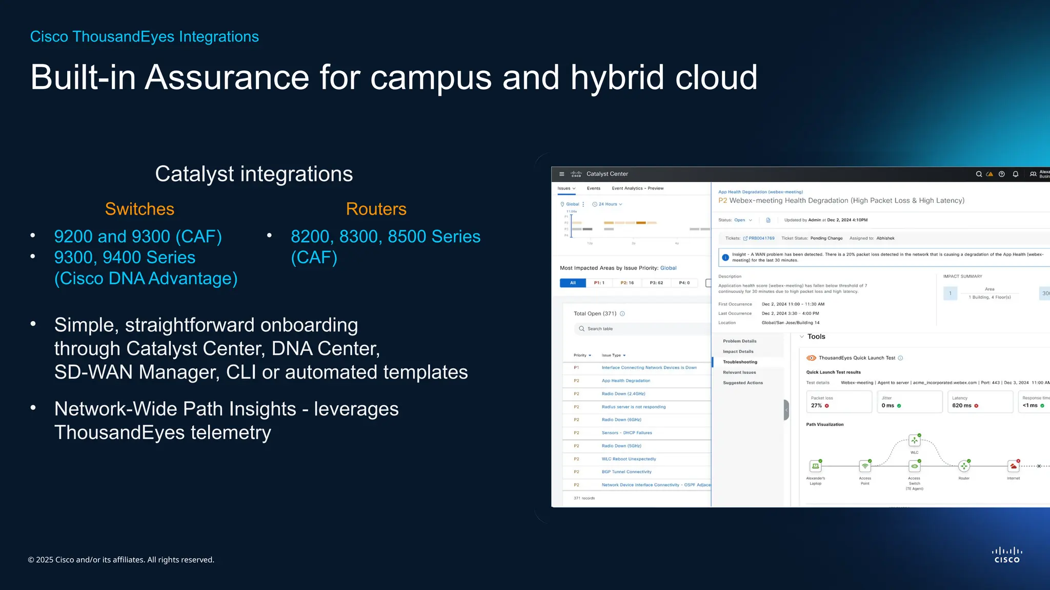 © 2025 Cisco and/or its affiliates. All rights reserved.
Built-in Assurance for campus and hybrid cloud
Cisco ThousandEyes Integrations
Catalyst integrations
• Simple, straightforward onboarding
through Catalyst Center, DNA Center,
SD-WAN Manager, CLI or automated templates
• Network-Wide Path Insights - leverages
ThousandEyes telemetry
Switches
• 9200 and 9300 (CAF)
• 9300, 9400 Series
(Cisco DNA Advantage)
Routers
• 8200, 8300, 8500 Series
(CAF)
 