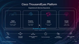© 2025 Cisco and/or its affiliates. All rights reserved.
Cisco ThousandEyes Platform
Domain
insights
Traffic | WAN
Internet | Cloud
Global
visibility
On-Prem | Cisco
3rd party
Experience & Service Assurance
Proactive
monitoring
Web | Network
BGP | DNS
Digital
experience
End user | Mobile
IIoT | UCaaS
Path
visualization
Natural language
query
Predictive
recommendations
Event summarization
Anomaly detection &
alerting
Cross-layer
correlation
AI-powered platform
Automation | Integrations | APIs
18
 