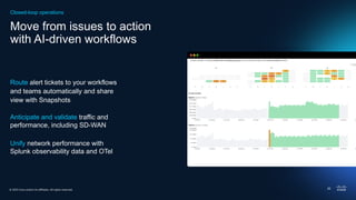 © 2025 Cisco and/or its affiliates. All rights reserved.
Move from issues to action
with AI-driven workflows
Route alert tickets to your workflows
and teams automatically​and share
view with Snapshots
Anticipate and validate traffic and
performance​
, including SD-WAN
Unify network performance with
Splunk observability data and OTel
Closed-loop operations
22
 