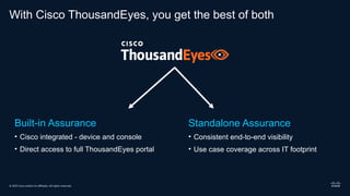 © 2025 Cisco and/or its affiliates. All rights reserved.
With Cisco ThousandEyes, you get the best of both
Built-in Assurance
• Cisco integrated - device and console
• Direct access to full ThousandEyes portal
Standalone Assurance
• Consistent end-to-end visibility
• Use case coverage across IT footprint
 