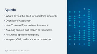 Cisco Confidential
5
© 2025 Cisco Systems, Inc. and/or its affiliates. All rights reserved.
Agenda
• What’s driving the need for something different?​
• Overview of Assurance​
• How ThousandEyes delivers Assurance​
• Assuring campus and branch environments​
• Assurance applied strategically​
• Wrap-up, Q&A, and our special promotion!
 